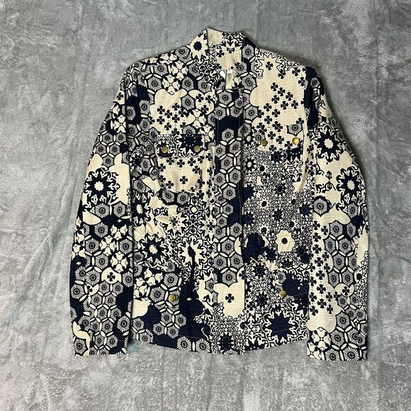 Silk Land  Blazer Jacket Floral Geometric Blue Beige‎ Zip Women's Small Vintage - Picture 1 of 6
